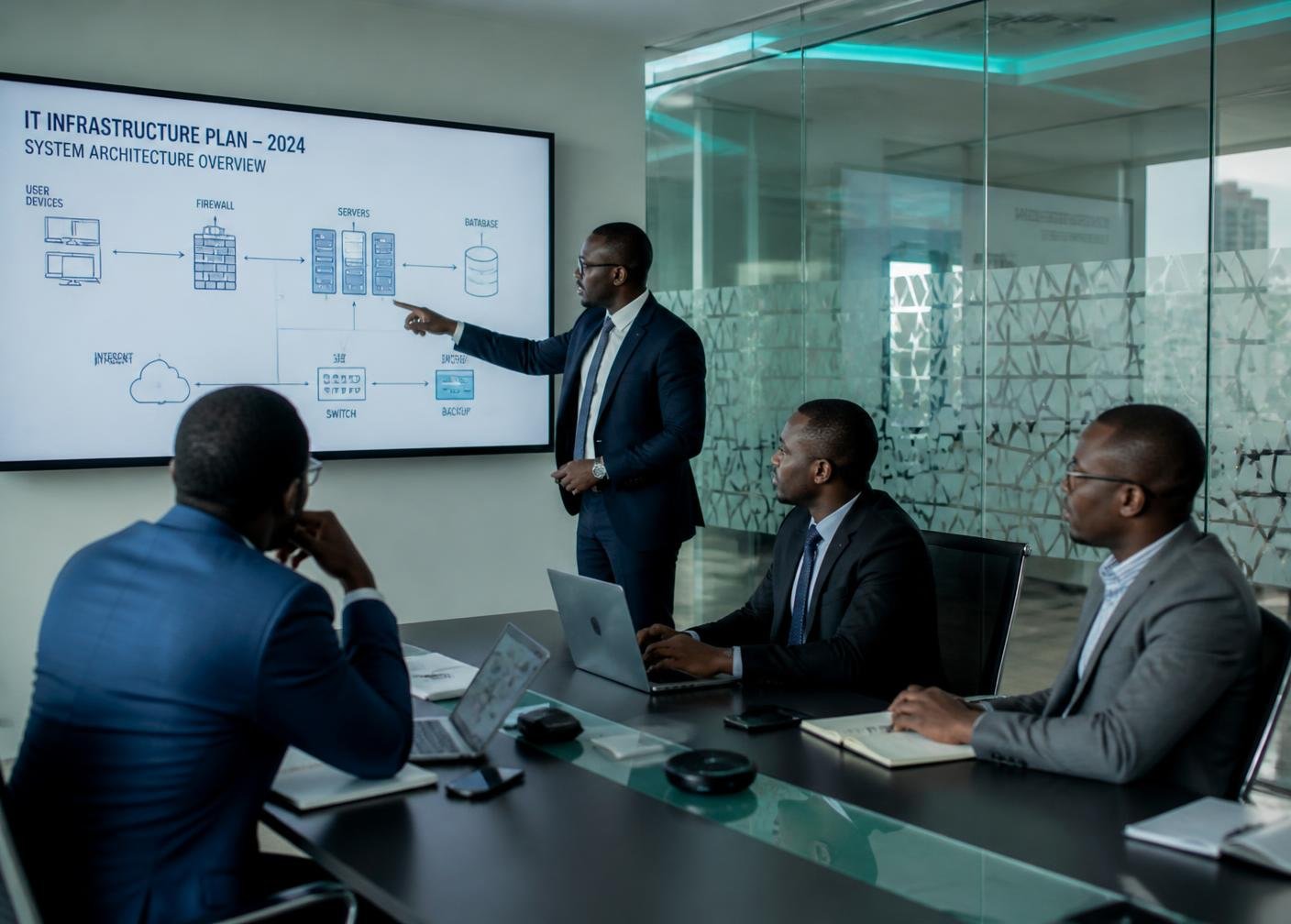 Infrastructure consultant presenting a network architecture diagram to business leaders