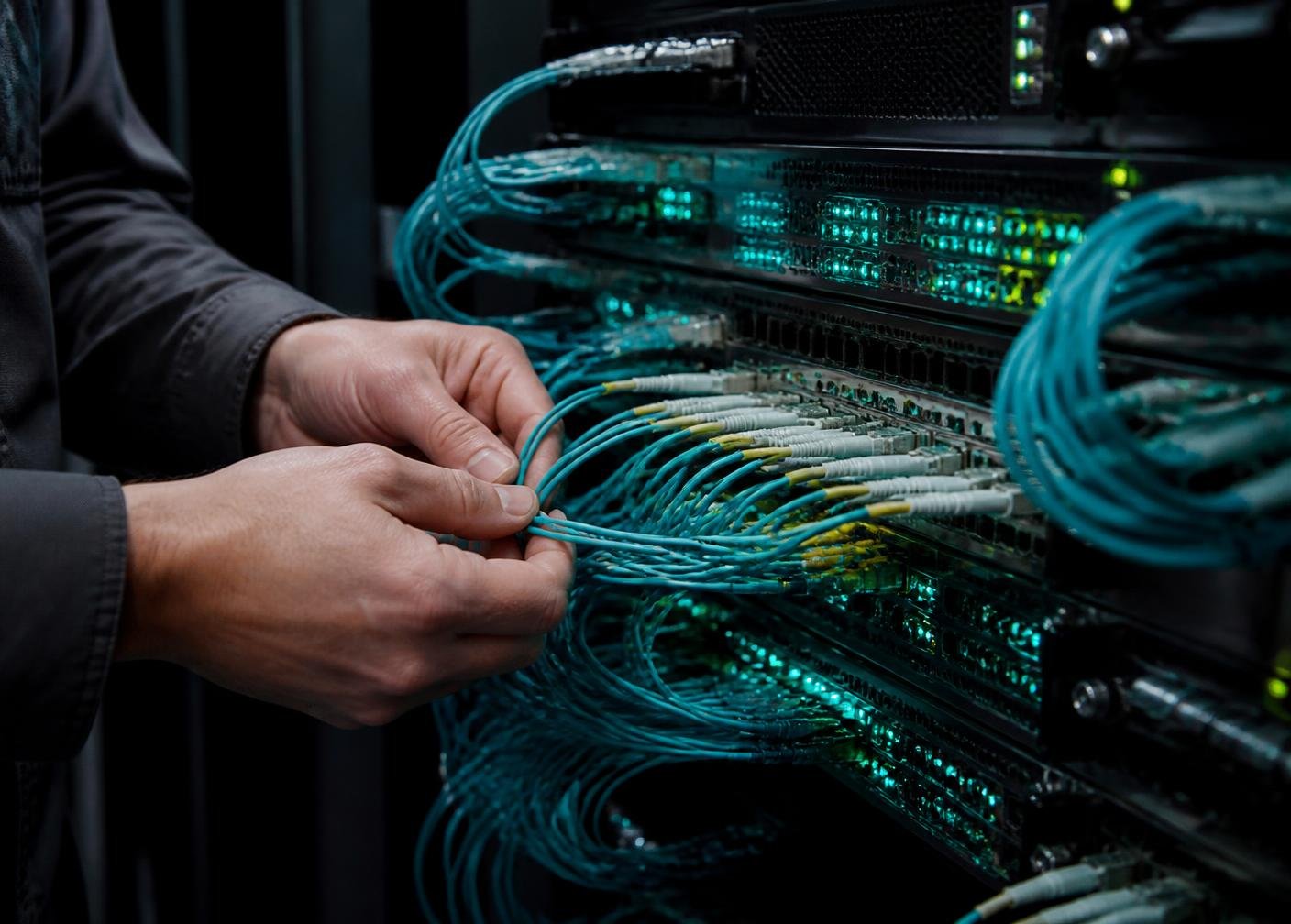 Network engineer patching fiber optic cables into a structured cabling panel