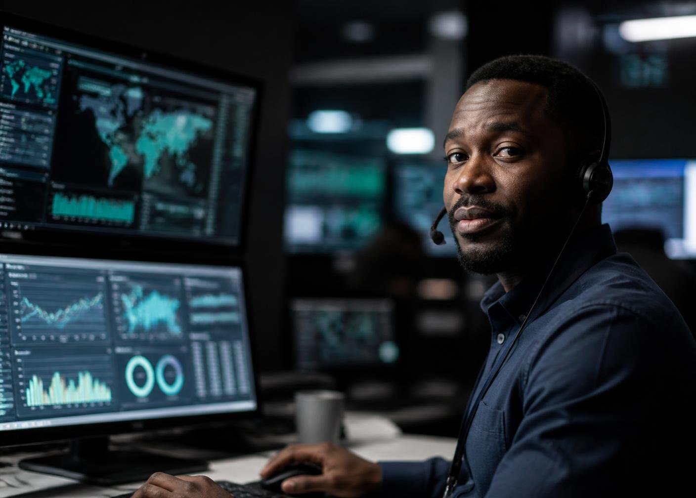 iDeploy support specialist monitoring network dashboards from an operations desk