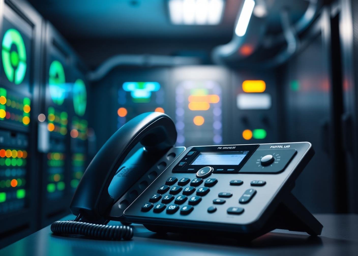 Enterprise IP desk phone in a network operations room with server racks behind